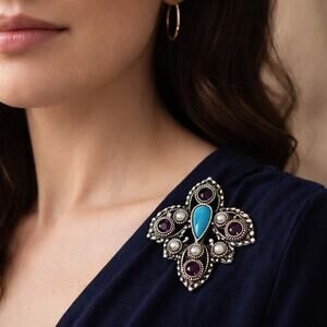 70s Sarah Coventry Silver Tone Brooch Purple Turquoise Pearl Beads